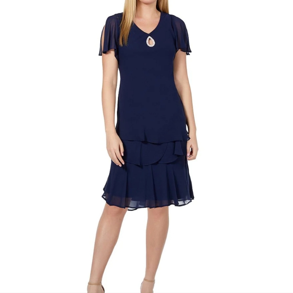 NWT Marina Size 6 Blue Chiffon Rhinestone Accent V-Neck Slit Sleeve Trapeze Gown